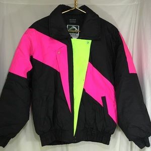 Vintage Ski Jacket Coat Neon Black Retro Large